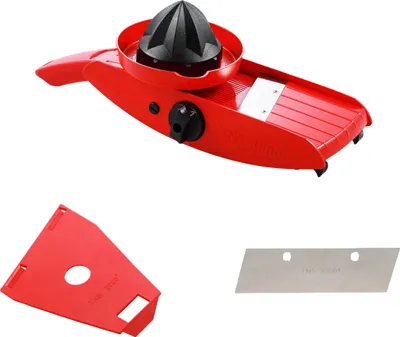 A red vegetable slicer with a black juicer attachment and a separate red attachment and a metal blade are displayed against a white background.