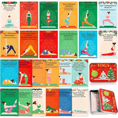 Produktbild von Yoga Adventskalender 2026 mit 24 Übungskarten in Blechdose