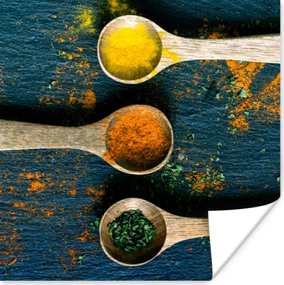 Produktbild von MuchoWow® Poster Gewürze - Löffel - Kräuter - Braun - Gelb - Grün 50x50 cm - Wohnzimmerdekoration