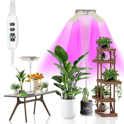 Produktbild von Vollspektrum LED Pflanzenlampe 3 Modi Dimmbar Höhenverstellbar Zimmerpflanzen Wachstumslichter mit Timer und Sockel, 3 Lampenköpfe
