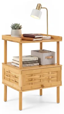 Zdjęcie produktu dla COSTWAY Szafka nocna z bambusa z otwartą półką i magnetyczną klapką, stolik nocny w stylu boho z miejscem do przechowywania, komoda nocna, szafka nocna o wymiarach 41x31x59 cm, kolor naturalny