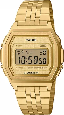 A close-up studio shot of a gold digital watch.