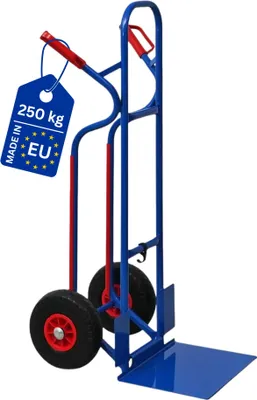 A blue and red hand truck with black wheels and a blue platform, shown against a white background.