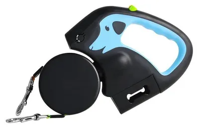 Obrázok produktu pre Automatické dvojité vodítko pre psov – s navíjacím mechanizmom – 3 m – LED svetlo – otočné o 360° – reflexné – pre malé a stredne veľké psy – svetlo modrá