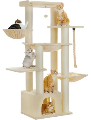 Produktbild von Ein großer Kratzbaum mit mehreren Ebenen, Häuschen und Liegeflächen für Katzen