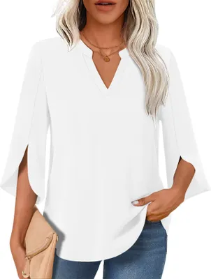 Produktbild von ASKSA Damen Bluse Elegant V-Ausschnitt 3/4 aermel Tunika Hemden Oberteil Flowy Shirt Locker Casual Arbeits Tops (Weiss,XL)