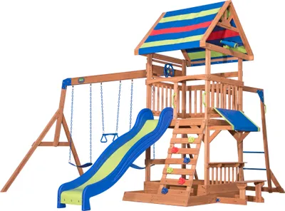 Produktbild von Backyard Discovery Spielturm Holz Northbrook | Spielplatz für Kinder mit Rutsche, Sandkasten, Schaukel und Picknicktisch | Schaukelset für den Garten