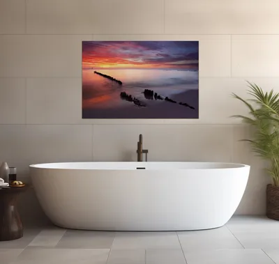 Produktbild von Wallario wasserfestes Poster selbstklebend 91,50 x 61 cm, Sandstrand im Sonnenuntergang - Roter Himmel, Badezimmerposter Spritzschutz mit Hochglanzoberfläche in Glasoptik