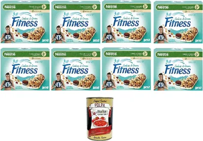 Produktbild von Nestlé Fitness Cookies & Cream 94gr, Müsliriegel mit Kakaokeksstückchen und weißen Schokoladenstückchen (4 x 23,5 g) 8 x 94 g + Italian Gourmet polpa 400gr