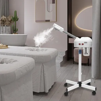 Produktbild von 2-in-1-Luftbefeuchter und Gesichtsdampfer mit Doppeldüse, Porenreiniger für die Gesichtssauna, mit Rädern, drehbarer Düse, Teleskopmast und automatischer Abschaltung