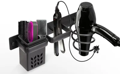 Produktbild von Haartrocknerhalter mit Kabelhalter Föhnhalter Wandmontage, Halterung für Haartrockner und Glätteisen Aluminium, Badorganizer Multifunktional