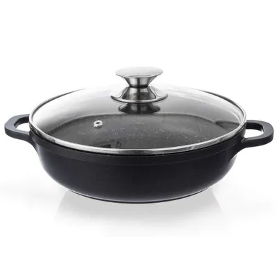 A black pot with a glass lid and silver handles, shown from a side angle on a white background.