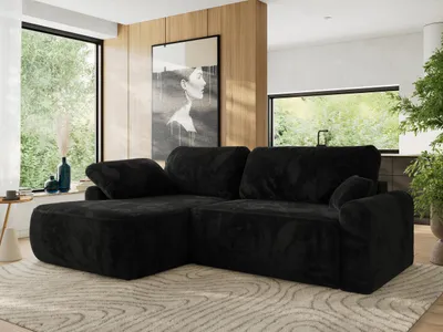 Produktbild von MKS MEBLE Ecksofa CUBO L-form, lose Kissen, Ecksofa 273x187x100 cm mit Schlaffunktion, Bettkasten - Schwarz Plüsch - Links Seite