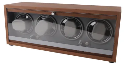 Produktbild von Automatischer Uhrenbeweger, schwarze Walnussmaserung, Holz, mechanisch, manuell, PolyurethanReisebeweger, graue Glastür, 4 Aufzugspositionen