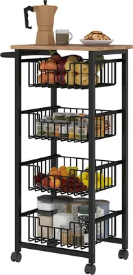 Immagine prodotto di Carrello da cucina carrello da servizio con piano di lavoro, 4 cestelli estensibili in acciaio, carrello per ufficio, 49,5 x 31 x 91 cm, rovere