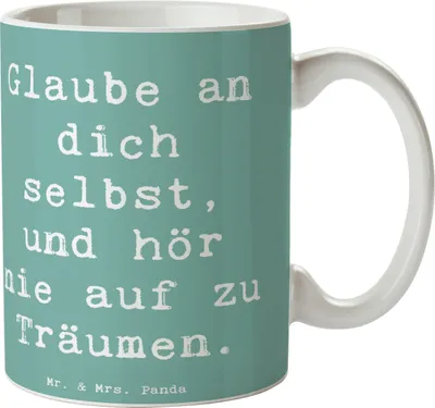 Produktbild von Mr. & Mrs. Panda Kaffeebecher Spruch Glaube an sich selbst - Meeresbrise - Geschenk, innere Stärke, Gefühl, Mut, Becher, Lebensfreude, niemals aufgeben, Motivation, Zitat