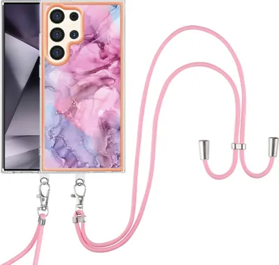 Produktbild von Galaxy S25 Ultra Handykette Hülle, Muster TPU Bumper Schutzhülle mit verstellbarem Tragegurt für Samsung Galaxy S25 Ultra Pink