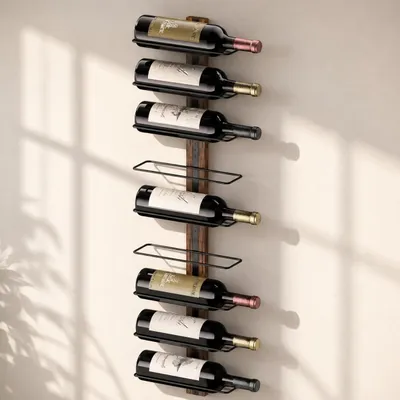 Zdjęcie produktu dla Stojak na wino, uchwyt na butelki, metalowa półka, czarna, do montażu na ścianie, na 9 butelek