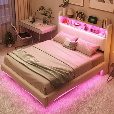 Produktbild von Polsterbett 140x200cm aus Leinenstoff in Beige mit LED-Lichtstreifen, USB und Typ-C, Stauraum am Kopfteil für Schlafzimmer