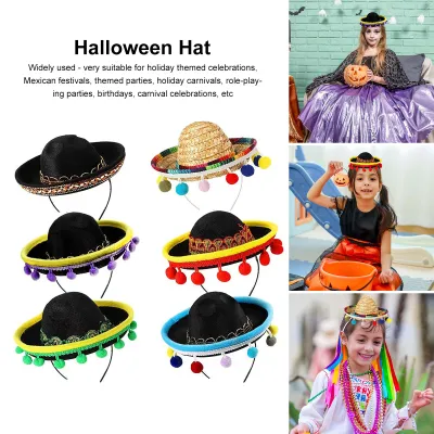 Produktbild von 6-teiliges Halloween-Sombrero-Stirnband, mexikanische Partyhüte mit Plüsch-Pom-Poms, Feiertage, Fiestas, Cosplay-Requisiten, 6 Stück