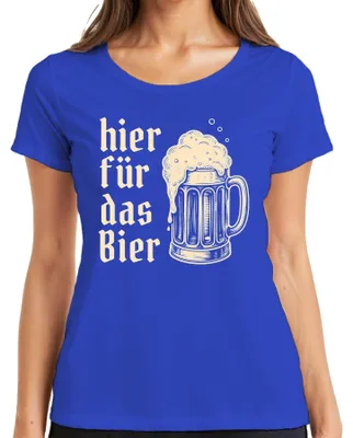 Produktbild von Hier für das Bier Bierkrug Party Saufen Lederhose JGA Damen T-Shirt, Blau, L