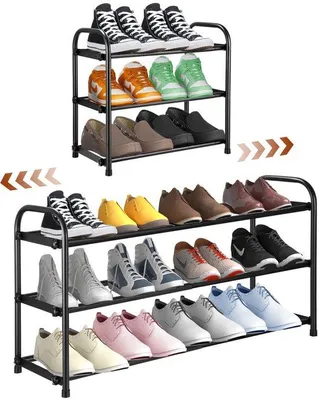 Produktbild von Unyqoos® verstellbares schwarzes Metall-Schuhregal, 3 Ebenen, ausziehbar 45–83 cm, rostgeschützt, für 6–12 Paar