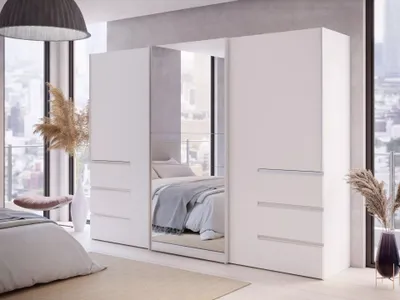 Produktbild von Schwebetürenschrank - 270 x 201 cm - 6 Schubladen - Weiß matt - mit Spiegel