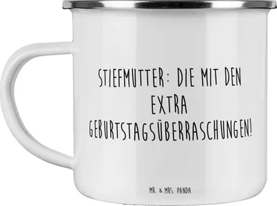 Produktbild von Mr. & Mrs. Panda becher emaille Spruch Stiefmutter Überraschungen - Weiß - Geschenk, Teetasse, Geburtstagsüberraschungen, Weihnachten, Freude, Jubiläen, Pott, Teebecher