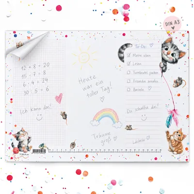 Produktbild von Schreibtischunterlage Kinder A3 Katze - Papier Block 25 Blatt, Karo- & Linienfeld, Lineal, Mädchen