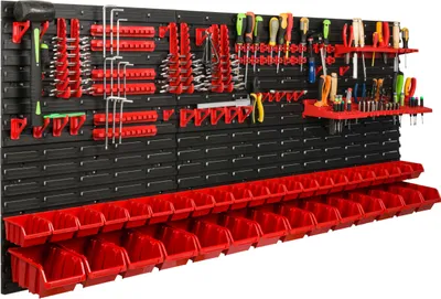 Obrázok produktu pre Skladovací systém dielenské regály | 172 x 78 cm | 36 ks boxov | Nástenné regály s držiakmi na náradie a stohovateľnými boxmi – nástenné dosky Extra silné regály s otvormi na náradie Skladové regály Garážové regály