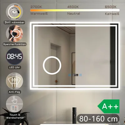 A bathroom mirror with integrated lighting and various features displayed on the left side.