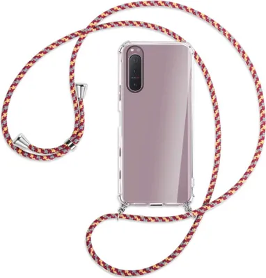 Produktbild von Handykette Backcover-Schutzhülle mit Band (Metall silberfarben) für Sony Xperia 5 II - weinrot/gelb/grau