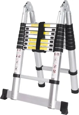 Productafbeelding van 5 m vouwladder, aluminium, 2,5 m + 2,5 m, telescopische ladder, draagbaar, 16 antislip treden, belastbaar tot 150 kg