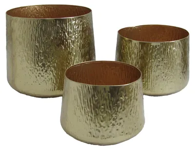 Produktbild von DRW Set mit 3 runden Pflanzgefäßen aus Metall, goldfarben, 26 x 26 x 24, 21 x 21