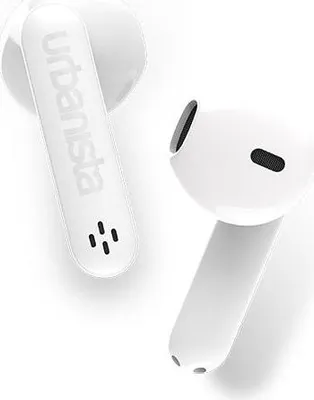 A pair of white wireless earbuds on a white background.