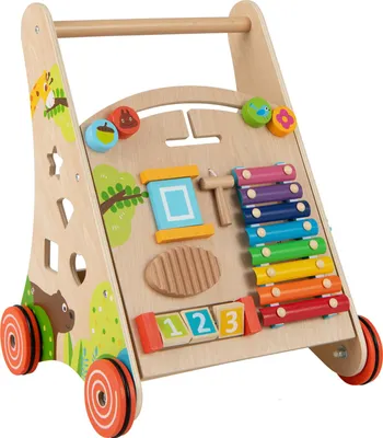 Produktbild von GOPLUS Lauflernwagen Holz, Baby Walker mit 8 interaktive Aktivitäten, rutschfesten Gummirädern, Stauraum & Holzgriff, Lauflernhilfe, Natur