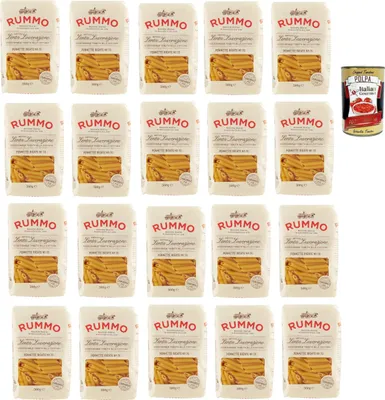 Produktbild von Rummo Pennette Rigate N° 70 Pasta Lenta Lavorazione Teigwaren aus Hartweizengrieß Bronze-Zeichnung 20x 500g + Italian Gourmet polpa 400g