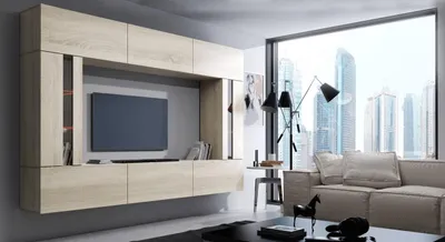 Produktbild von Furnitech Wohnwand Wohnzimmer - Hängend Wohnwand Modern - Wohnzimmer Schrankwand mit Regale und TV Schrank - Wohnzimmer Möbel ohne LED (Future Sonoma Eiche)