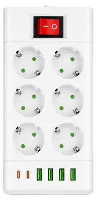 Produktbild von Steckdosenleiste, 6 Schuko-Steckdosen, USB-C- und USB-A-Ports, 6 Steckdosen