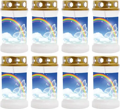 Immagine prodotto di Candela tombale bianca in confezione da 8, durata di combustione: 40 ore (per candela), motivo: arcobaleno 2
