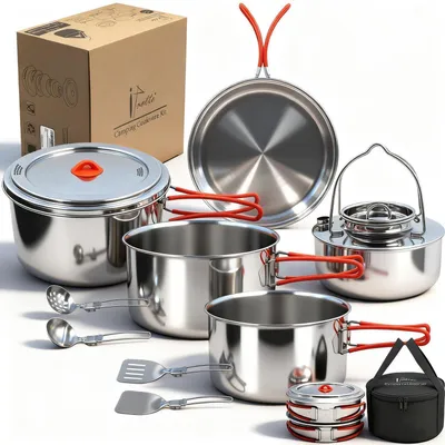 Productafbeelding van Camping kookgerei set, 11-delig, van 18/8 roestvrij staal, stapelbaar, met waterkoker en draagtas