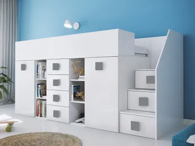 Produktbild von Kinderhochbett mit Stauraum und Schreibtisch Willy – graue Griffe rechts