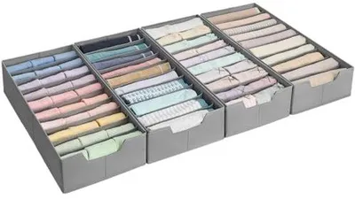 Obrázek produktu pro Sada úložných boxů, 4 kusy, skládací organizéry na ponožky a spodní prádlo, barva šedá, rozměry 40x30x25 cm