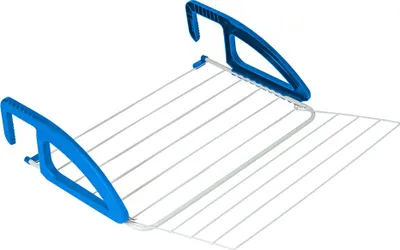 A white and blue drying rack for balconies or radiators.
