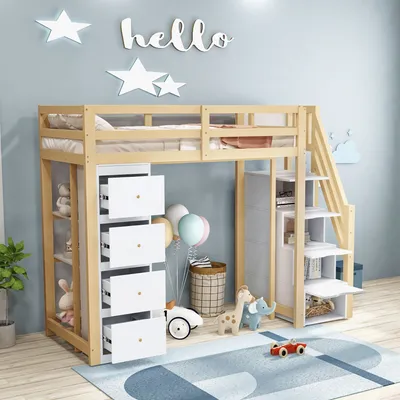 Produktbild von STILVORA Hochbett 90x200 Jugendbett Massivholzbett mit Aufbewahrungsschublade,Kinderbett mit Sicherheits-Kletterleiter&Rausfallschutz,Natur(mit Matratze)
