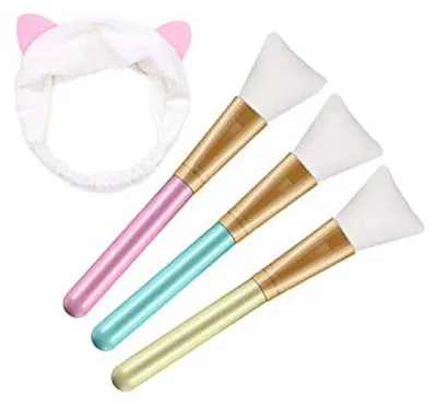 Produktbild von Maskenpinsel Set 3 Stück mit Stirnband, Silikon Gesichtsmaske Pinsel Haarlos, Kosmetikpinsel für Augenmaske Serum DIY, Hygienische Beauty Bürste Mehrfarbig