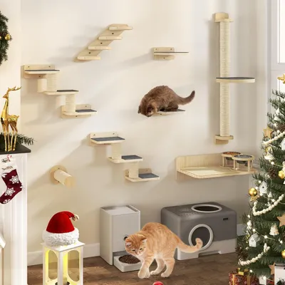 Produktbild von 8-teiliges Kletterwand-Katzenmöbel mit 1 Katzentreppe, 2 Plattformen, 2 Leitern und Antirutschmatten, 1 Sisalstamm, großem Plattform-Katzenbett mit 2 Katzenfutterstationen