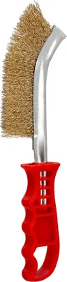 Image de Brosse en acier laitonné, manche rouge, 25 cm. Élimination de la rouille, peinture, brosse à polir les métaux.