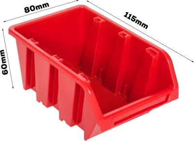 A red storage bin with dimensions indicated by text overlays.