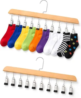 Produktbild von PolkaHome® 2er Set Holzbügel mit Clips – Platzsparende Kleiderbügel mit 20 Clips für Socken, Unterwäsche, Schals, Krawatten